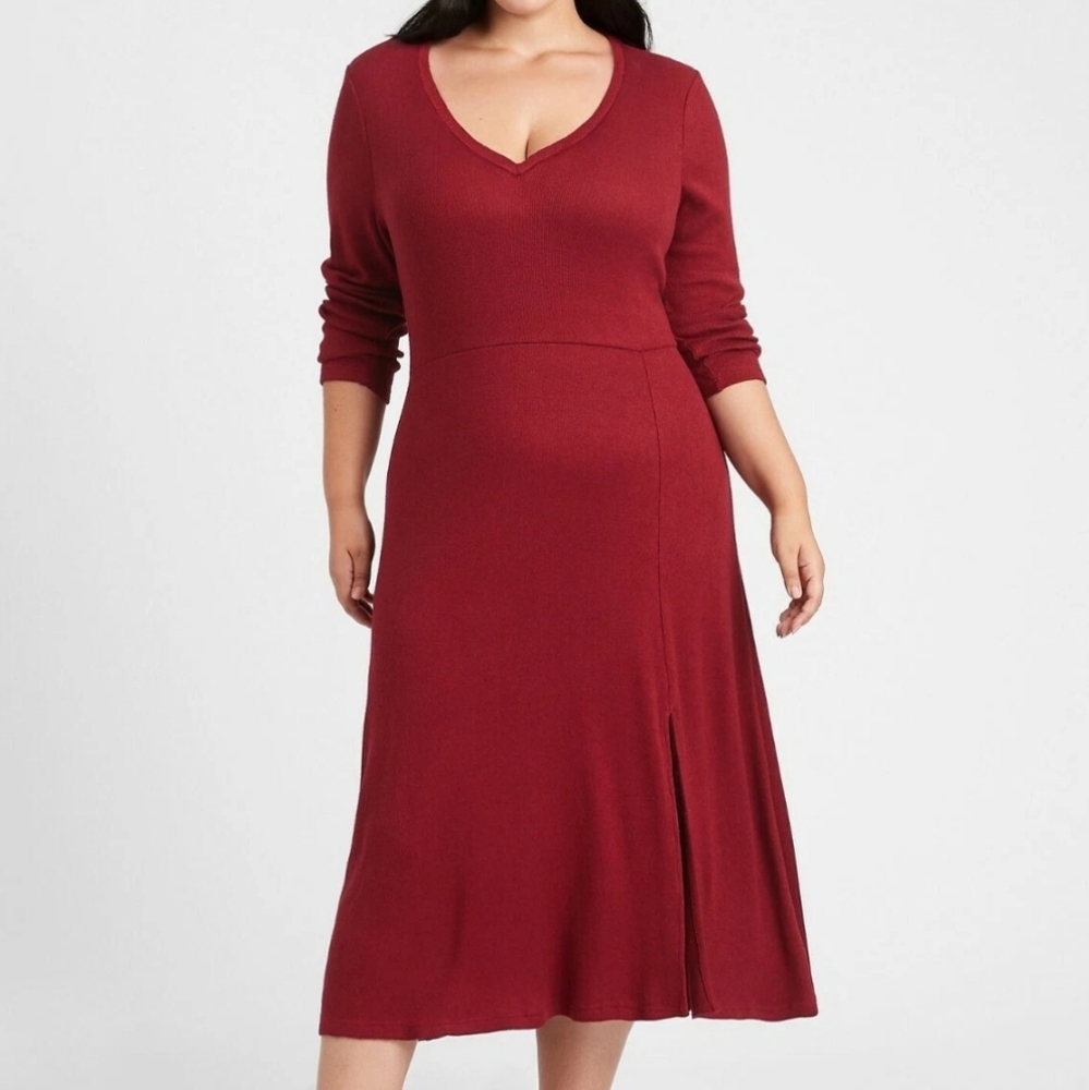 BANANA REPUBLIC Mid Dress Long Sleeves XL Ribbed-Knit Mulled Cranberry Red V5